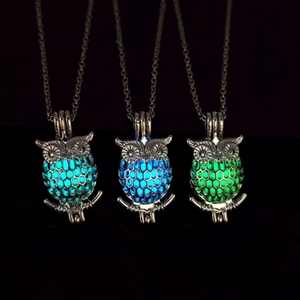 Luminous owl pendant necklaces in blue and green glow effects with silver chain