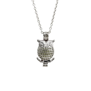 Luminous owl pendant necklace in silver alloy finish with glow-in-the-dark hollow bead
