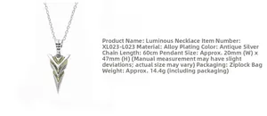 Detailed specs of the vintage luminous arrow pendant necklace in antique silver finish