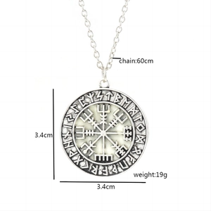 Vintage Viking compass necklace with Nordic runes and glowing Odin pendant on silver chain