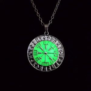 Luminous Viking Vegvisir compass necklace with glowing green Norse rune details