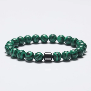 Malachite stone beaded elastic bracelet with dark grey hematite spacer bead for unisex wear
