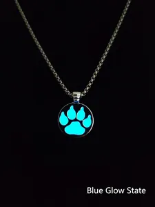 Primer plano del collar con colgante de huella animal y brillo azul en la oscuridad