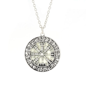 Vintage Viking compass pendant necklace with Nordic runes on a silver chain for men