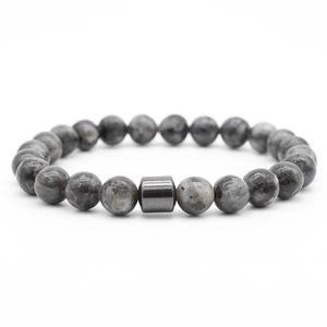 Detailed view of 8mm dark grey natural stone beads and metal spacer bead on a bracelet