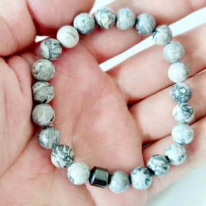 Map stone bead bracelet with 8mm natural marble pattern beads and hematite cylinder