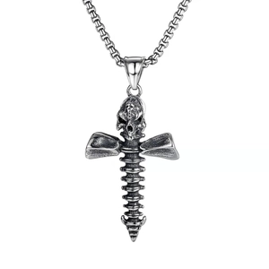 Gothic luminous skull cross pendant necklace in vintage silver finish with chain
