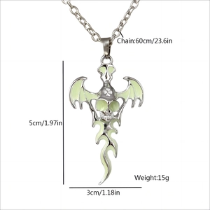 Gothic skull angel wing pendant necklace for men with glow in the dark features