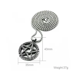 Glow-in-the-dark moon and pentagram star pendant necklace in vintage silver steel