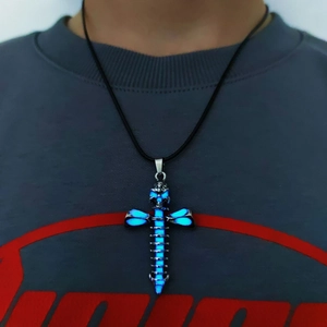 Luminous skull cross pendant necklace with blue glow and black leather cord strap