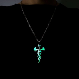 Gothic skull angel wings necklace with green luminous glow in the dark effect for men