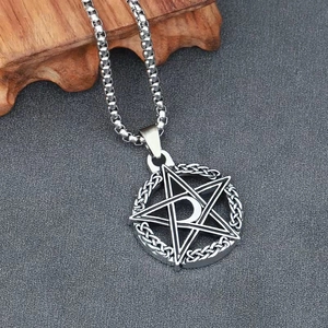 Vintage luminous celestial necklace with glowing crescent moon and star pentagram pendant