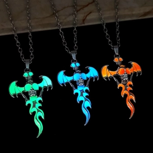 Gothic Luminous Skull Angel Wings Pendant Necklace For Men Halloween Glow In The Dark Alloy Stainless Steel Flame Necklace