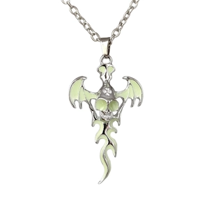 Gothic skull winged angel pendant necklace with green luminous effect and silver finish