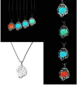 Detailed view of luminous Viking pendant necklace showing five vibrant glowing colors