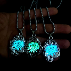 Luminous Viking meteorite pendant necklace with glowing geometric totem in three colors