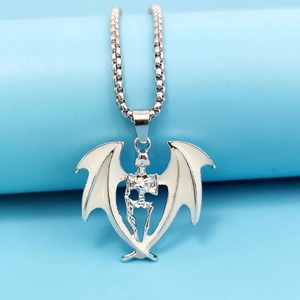 Vintage luminous skull necklace with silver wings and dark gothic pendant for men