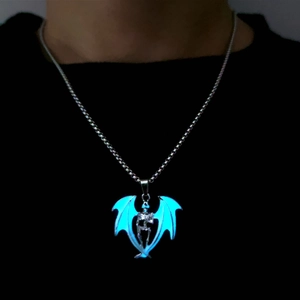 Gothic glowing skull necklace with bat wings pendant for men on a bead chain