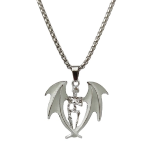 Luminous punk skeleton pendant necklace with cool white mechanical wings design