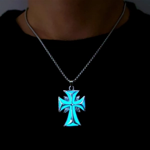 Luminous cross pendant necklace with blue glow in the dark effect for hip hop style