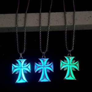 Hip Hop Luminous Cross Pendant Necklace For Men Stainless Steel Chain Glow In The Dark Retro Gothic Jewelry For Nightclub Party