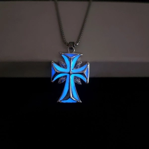 Luminous cross necklace with blue glow and silver wings on a metal chain for men