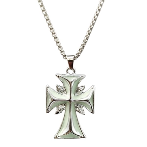 Luminous cross pendant necklace with mint green enamel inlay and silver box chain