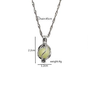Luminous planet pendant necklace in cage style silver finish with dimension specs