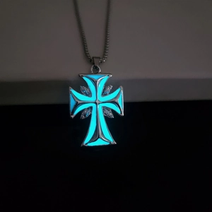 Luminous cross pendant necklace for men with glowing blue inlay in silver finish