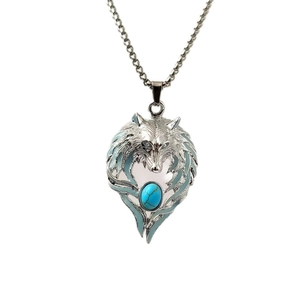 Punk glow wolf head pendant necklace with vintage turquoise inlay and silver chain