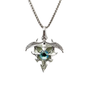 Gothic punk eagle pendant necklace with glowing turquoise eye and silver wings