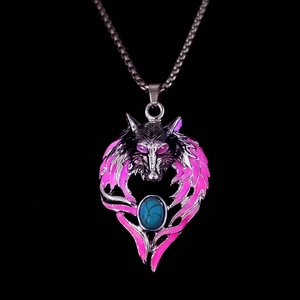Luminous wolf head pendant necklace with pink accents and turquoise stone inlay