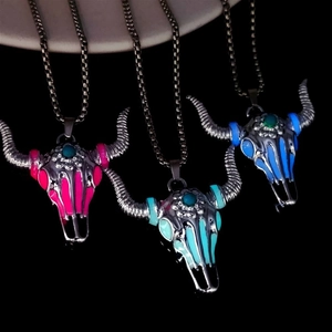 Vintage gothic luminous bull skull necklace pendant with colorful enamel and metal chain
