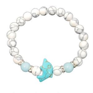 Luminous turquoise beaded bracelet with dolphin pendant and white howlite stones for couples