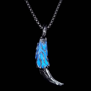 Luminous wolf tooth pendant necklace for men with glowing blue resin and silver box chain