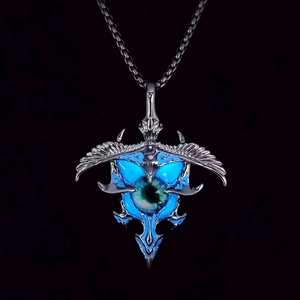Luminous punk necklace with dragon eye and eagle wing pendant on dark background