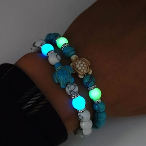 Luminous Sea Turtle Beaded Bracelet Turquoise Fluorite Rhinestone Stretch Bracelet Ethnic Ocean Beach Style Unisex Jewelry