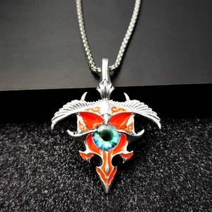 Gothic punk eagle wings necklace with a glowing turquoise eyeball pendant for men