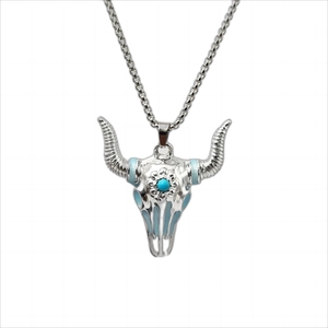 Luminous bull skull pendant necklace in vintage silver with turquoise floral details