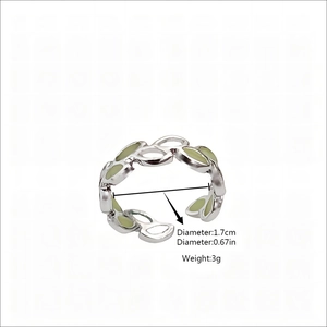 Luminous leaf tree branch open ring with adjustable silver band and glowing green leaves