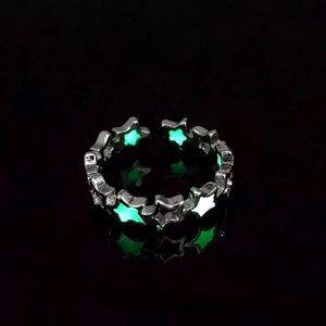Luminous hollow star ring with green fluorescent glow and adjustable silver metal band