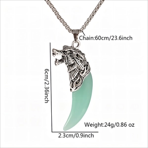 Luminous wolf tooth necklace for men featuring a silver wolf head and glow pendant