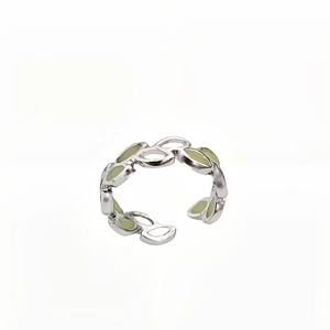 Luminous leaf ring in silver tone with green enamel finish and adjustable open band