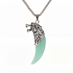 Vintage luminous wolf tooth necklace with silver wolf head pendant on box chain