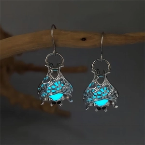 Luminous bat dangle earrings with sky blue glowing bead on vintage wood branch