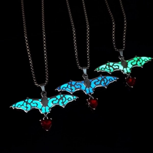 Gothic glow in the dark bat necklace with red heart crystal and luminous wings