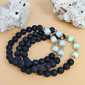 Halloween lotus glowing bead bracelet set with natural black lava stone and gold spacers