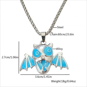Luminous Halloween monster wing pendant necklace with blue enamel and stainless steel chain