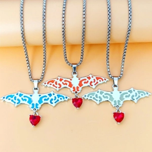 Gothic hollow bat necklaces with red heart crystals and glowing accents for Halloween