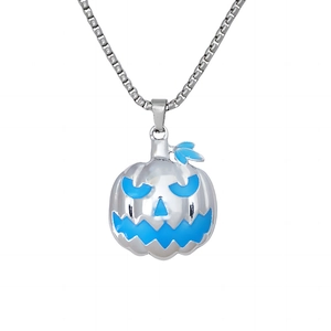 Luminous Halloween pumpkin face pendant necklace with glowing blue eyes and silver chain